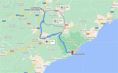 Kaart luchthaven Barcelona naar Tossa de Mar